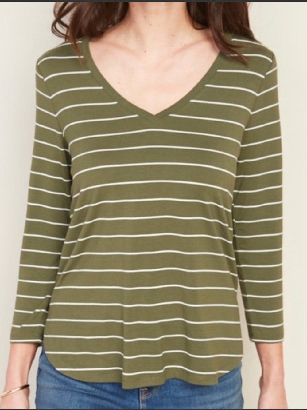 Army green and white striped v-neck